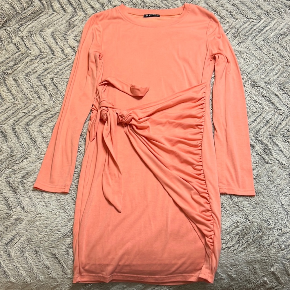 Women Casual Crew Neck Long Sleeve Dress Solid Color Slim Fit Tie Waist Ruched